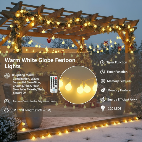 Globe String Lights – Warm White 120LED Fairy Lights with Remote