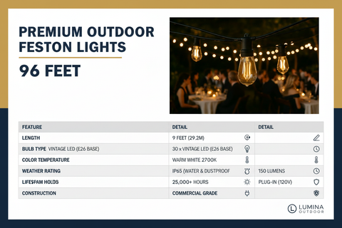 96FT Outdoor Festoon String Lights – Warm White LEDs for Garden & Events