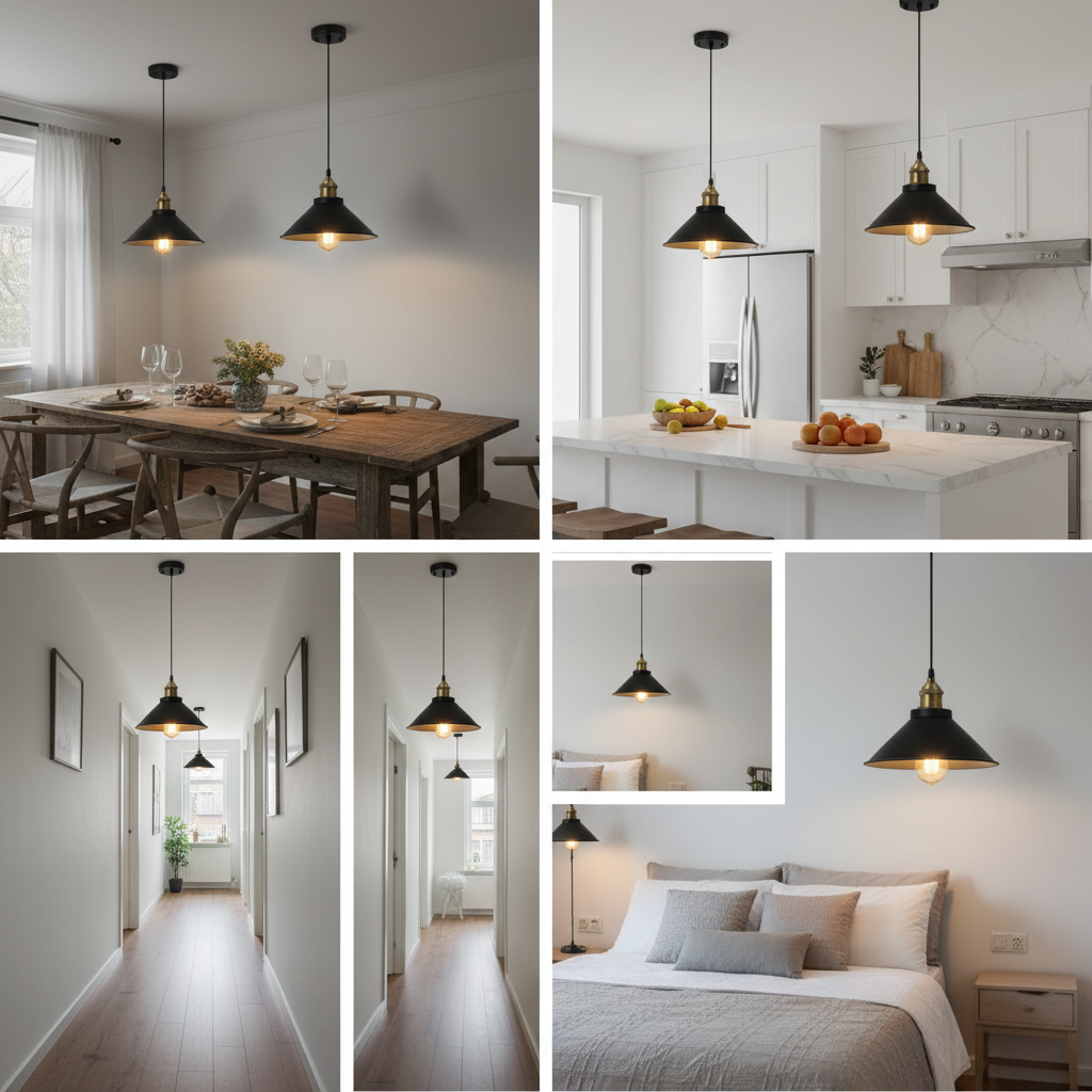 Collage of a pendant light in various rooms including a dining area, kitchen, hallway, and bedroom.