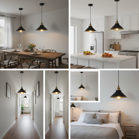 Collage of a pendant light in various rooms including a dining area, kitchen, hallway, and bedroom.