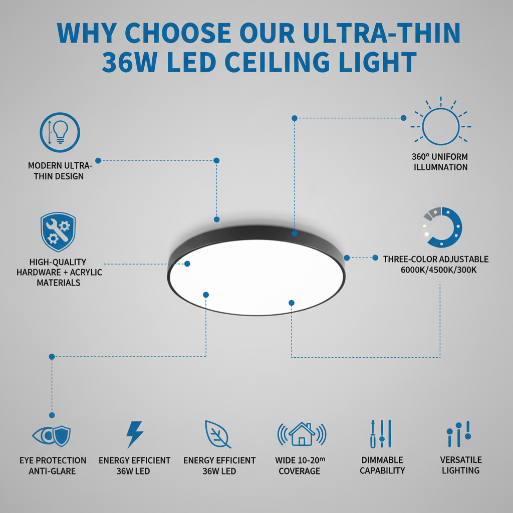Advertisement for an ultra-thin 36W LED ceiling light with features listed.