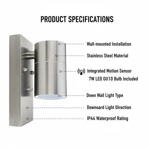 Modern Stainless Steel Outdoor Wall Down Light with Sensor – IP44