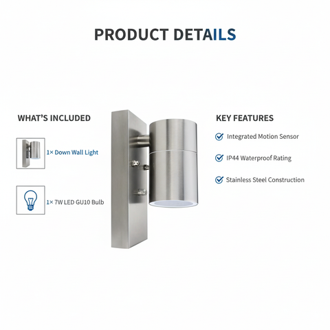 Modern Stainless Steel Outdoor Wall Down Light with Sensor – IP44