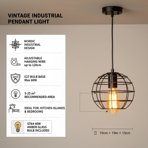 Black Iron Industrial Pendant CellinghLight – ST64 E27 – Vintage Indoor Style