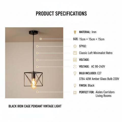 Black Iron Industrial Pendant CellinghLight – ST64 E27 – Vintage Indoor Style