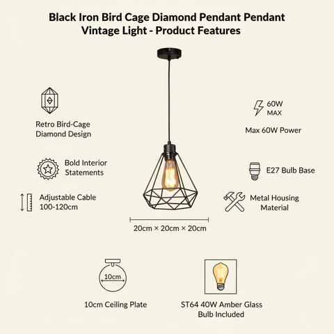 Black Iron Industrial Pendant CellinghLight – ST64 E27 – Vintage Indoor Style