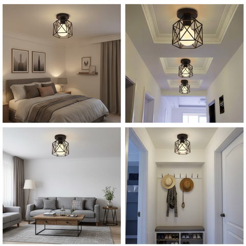 Vintage Black Iron Cage Ceiling Light – E27 | Retro Industrial Home Lighting