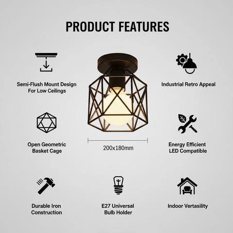 Vintage Black Iron Cage Ceiling Light – E27 | Retro Industrial Home Lighting