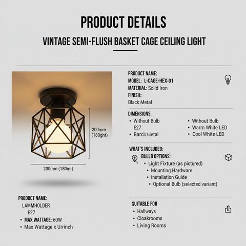 Vintage Black Iron Cage Ceiling Light – E27 | Retro Industrial Home Lighting