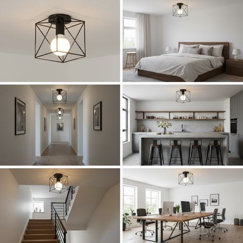 Vintage Black Iron Cage Ceiling Light – E27 | Retro Industrial Home Lighting