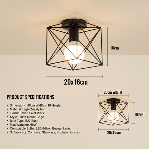 Vintage Black Iron Cage Ceiling Light – E27 | Retro Industrial Home Lighting