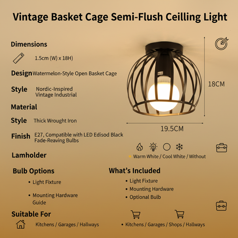 Vintage Black Iron Cage Ceiling Light – E27 | Retro Industrial Home Lighting