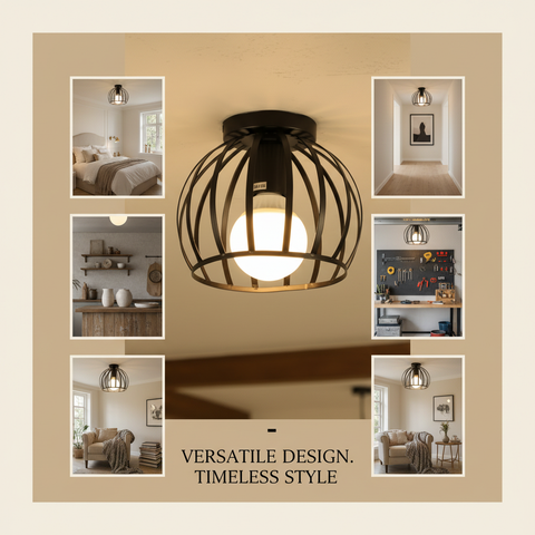 Vintage Black Iron Cage Ceiling Light – E27 | Retro Industrial Home Lighting