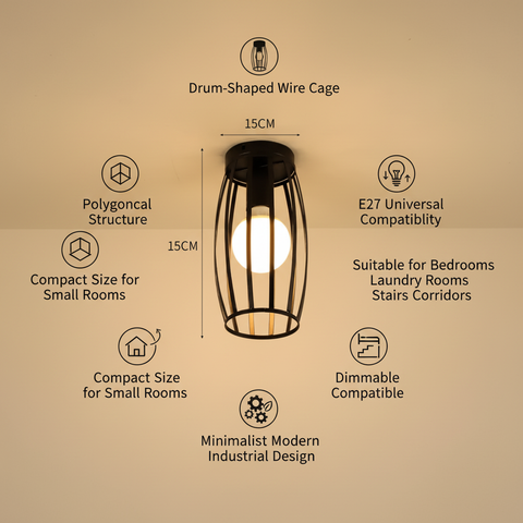 Vintage Black Iron Cage Ceiling Light – E27 | Retro Industrial Home Lighting