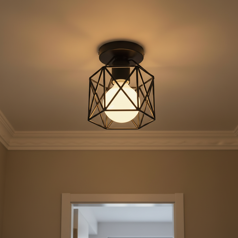 Vintage Black Iron Cage Ceiling Light – E27 | Retro Industrial Home Lighting