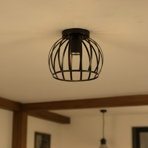 Vintage Black Iron Cage Ceiling Light – E27 | Retro Industrial Home Lighting