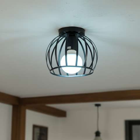 Vintage Black Iron Cage Ceiling Light – E27 | Retro Industrial Home Lighting