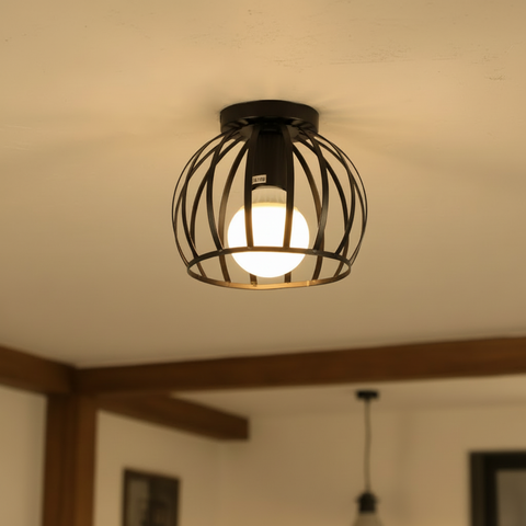 Vintage Black Iron Cage Ceiling Light – E27 | Retro Industrial Home Lighting
