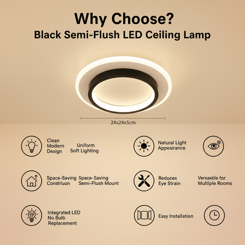 Black Semi Flush LED Ceiling Lamp – Minimalist Round Design – Modern Glow