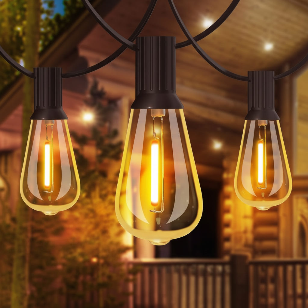 outdoor LED festoon string lights with warm white bulbs hanging over patio