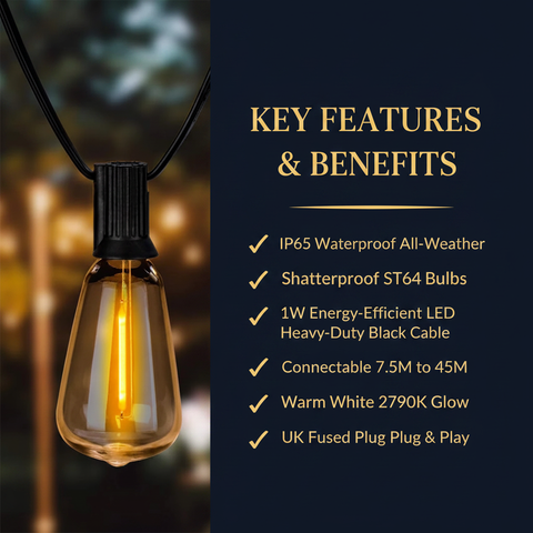 24FT Outdoor LED Festoon String Lights Black Cable Warm White ST64 Bulbs IP65 Waterproof UK Plug Connectable