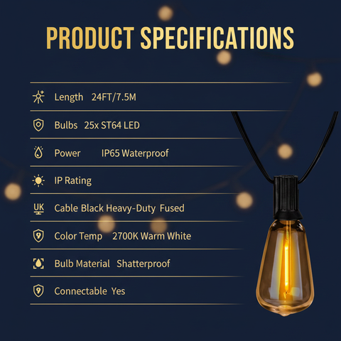 24FT Outdoor LED Festoon String Lights Black Cable Warm White ST64 Bulbs IP65 Waterproof UK Plug Connectable