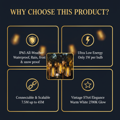24FT Outdoor LED Festoon String Lights Black Cable Warm White ST64 Bulbs IP65 Waterproof UK Plug Connectable