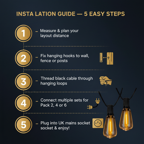 24FT Outdoor LED Festoon String Lights Black Cable Warm White ST64 Bulbs IP65 Waterproof UK Plug Connectable