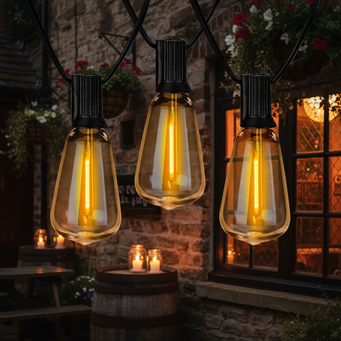 24FT Outdoor LED Festoon String Lights Black Cable Warm White ST64 Bulbs IP65 Waterproof UK Plug Connectable