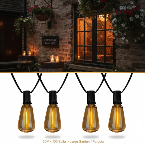 24FT Outdoor LED Festoon String Lights Black Cable Warm White ST64 Bulbs IP65 Waterproof UK Plug Connectable