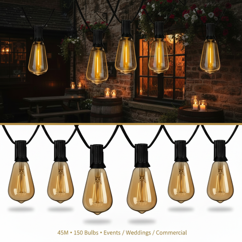 24FT Outdoor LED Festoon String Lights Black Cable Warm White ST64 Bulbs IP65 Waterproof UK Plug Connectable