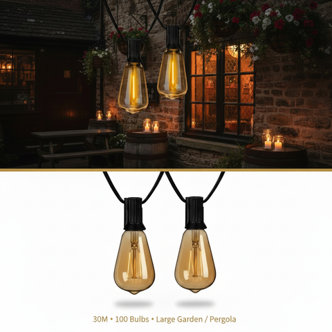24FT Outdoor LED Festoon String Lights Black Cable Warm White ST64 Bulbs IP65 Waterproof UK Plug Connectable