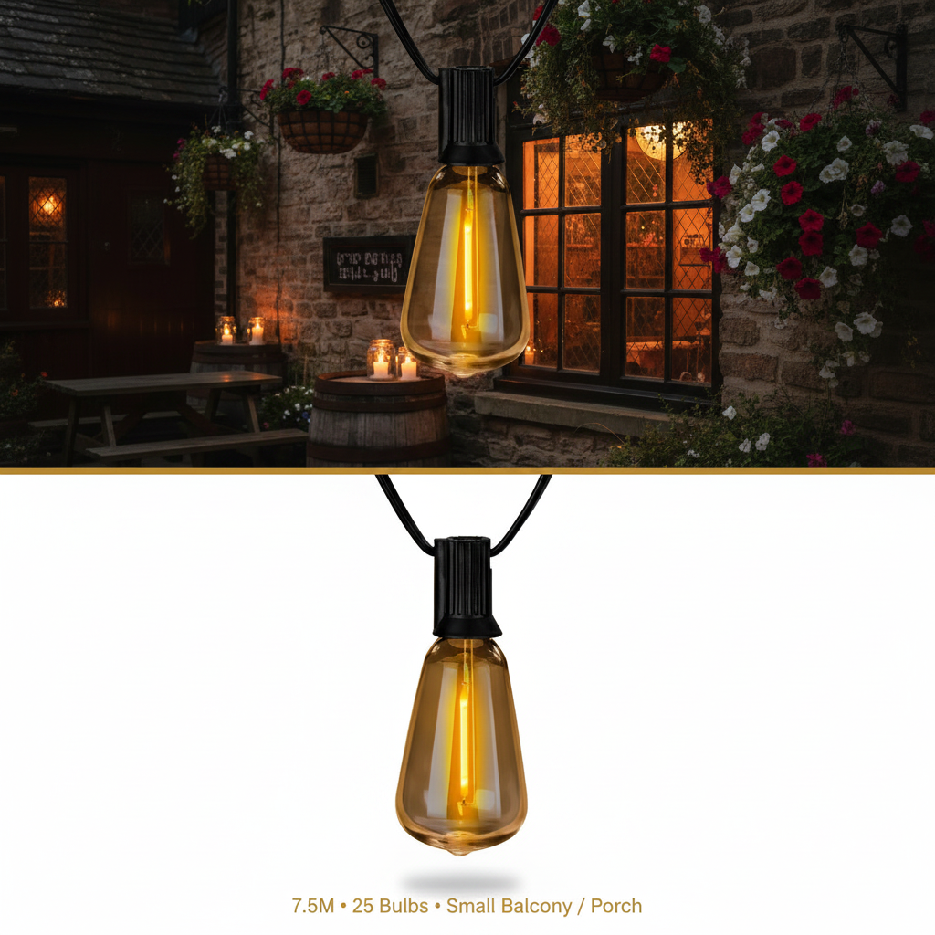 24FT Outdoor LED Festoon String Lights Black Cable Warm White ST64 Bulbs IP65 Waterproof UK Plug Connectable