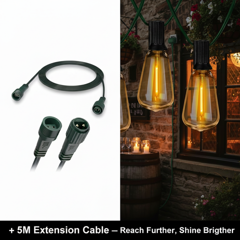 24FT Outdoor LED Festoon String Lights Black Cable Warm White ST64 Bulbs IP65 Waterproof UK Plug Connectable