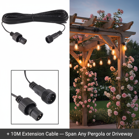 24FT Outdoor LED Festoon String Lights Black Cable Warm White ST64 Bulbs IP65 Waterproof UK Plug Connectable