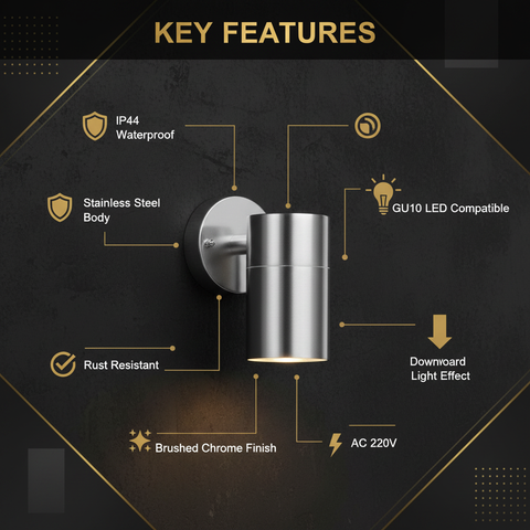 Modern Stainless Steel GU10 Outdoor Down Wall Light IP44 Waterproof Garden Wall Sconce Silver Exterior Porch Patio Light with Bulb Options & Multi-Pack Bundles