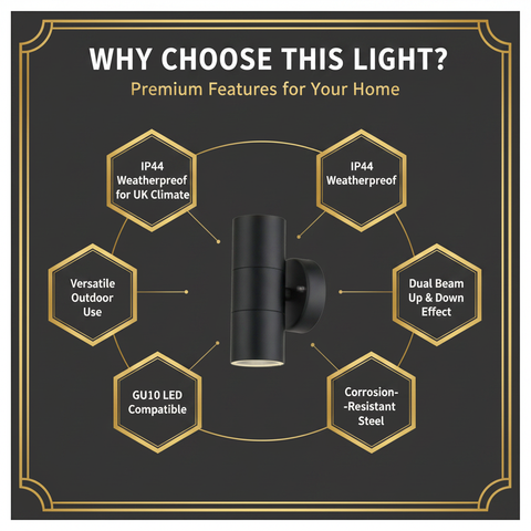 Outdoor Up & Down Wall Light – GU10 Compatible – IP44 Waterproof Stainless Steel – Energy-Efficient Exterior Lighting for Gardens, Patios & UK Homes