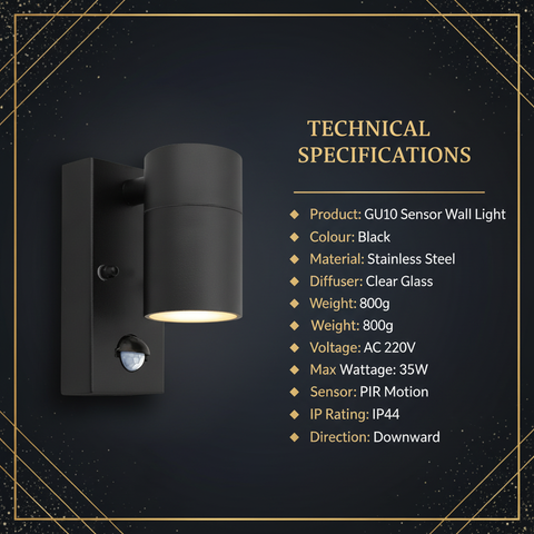 Outdoor Motion Sensor Wall Light – Black GU10 IP44 Waterproof PIR Stainless Steel Security Downlight for Garden Patio Porch & Driveway