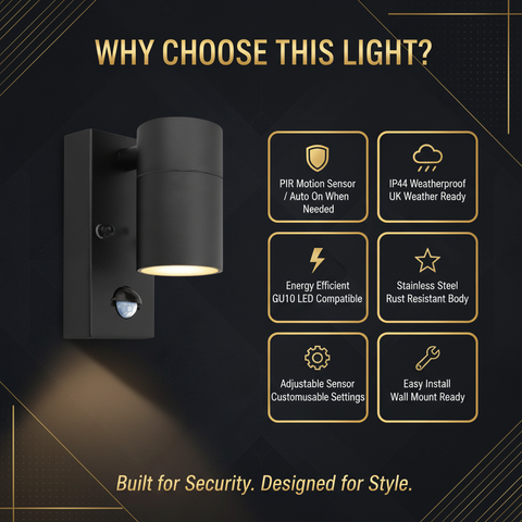 Outdoor Motion Sensor Wall Light – Black GU10 IP44 Waterproof PIR Stainless Steel Security Downlight for Garden Patio Porch & Driveway