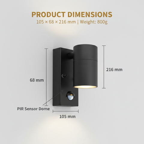 Outdoor Motion Sensor Wall Light – Black GU10 IP44 Waterproof PIR Stainless Steel Security Downlight for Garden Patio Porch & Driveway
