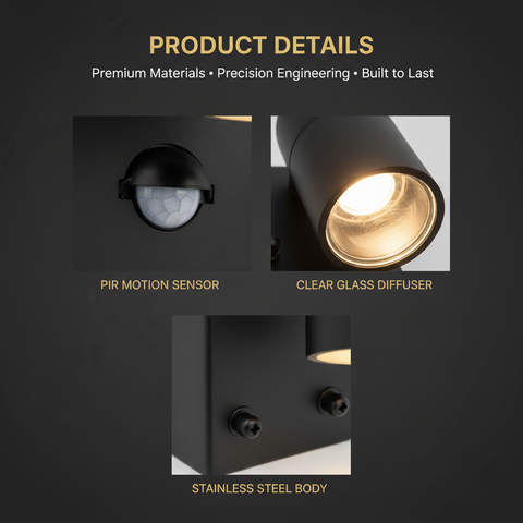 Outdoor Motion Sensor Wall Light – Black GU10 IP44 Waterproof PIR Stainless Steel Security Downlight for Garden Patio Porch & Driveway
