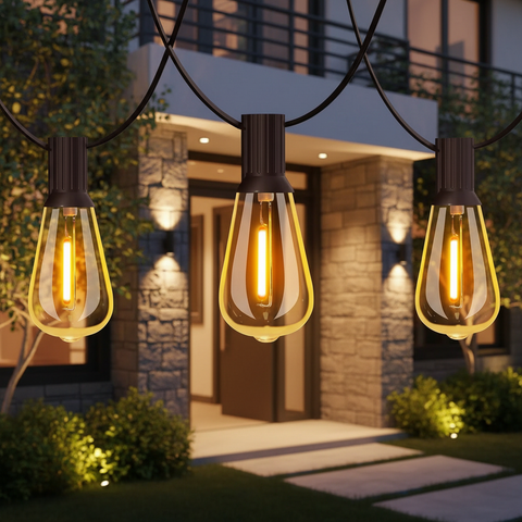 24FT Outdoor LED Festoon Lights 2 Pack Warm White – IP65 Waterproof Garden Patio String Lights with Shatterproof ST64 Bulbs, UK Plug & 5M Extension Cable