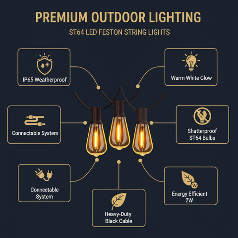 24FT Outdoor LED Festoon Lights 2 Pack Warm White – IP65 Waterproof Garden Patio String Lights with Shatterproof ST64 Bulbs, UK Plug & 5M Extension Cable