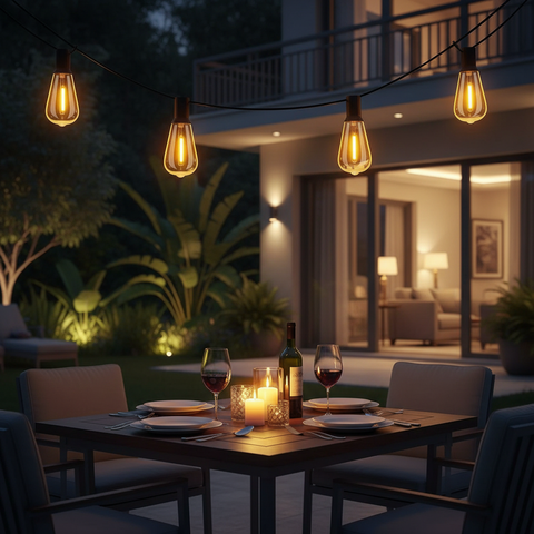 24FT Outdoor LED Festoon Lights 2 Pack Warm White – IP65 Waterproof Garden Patio String Lights with Shatterproof ST64 Bulbs, UK Plug & 5M Extension Cable