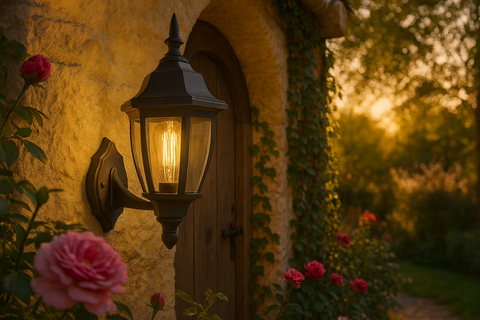 Garden scene with a lit outdoor lamp, pink roses, and a warm glow.