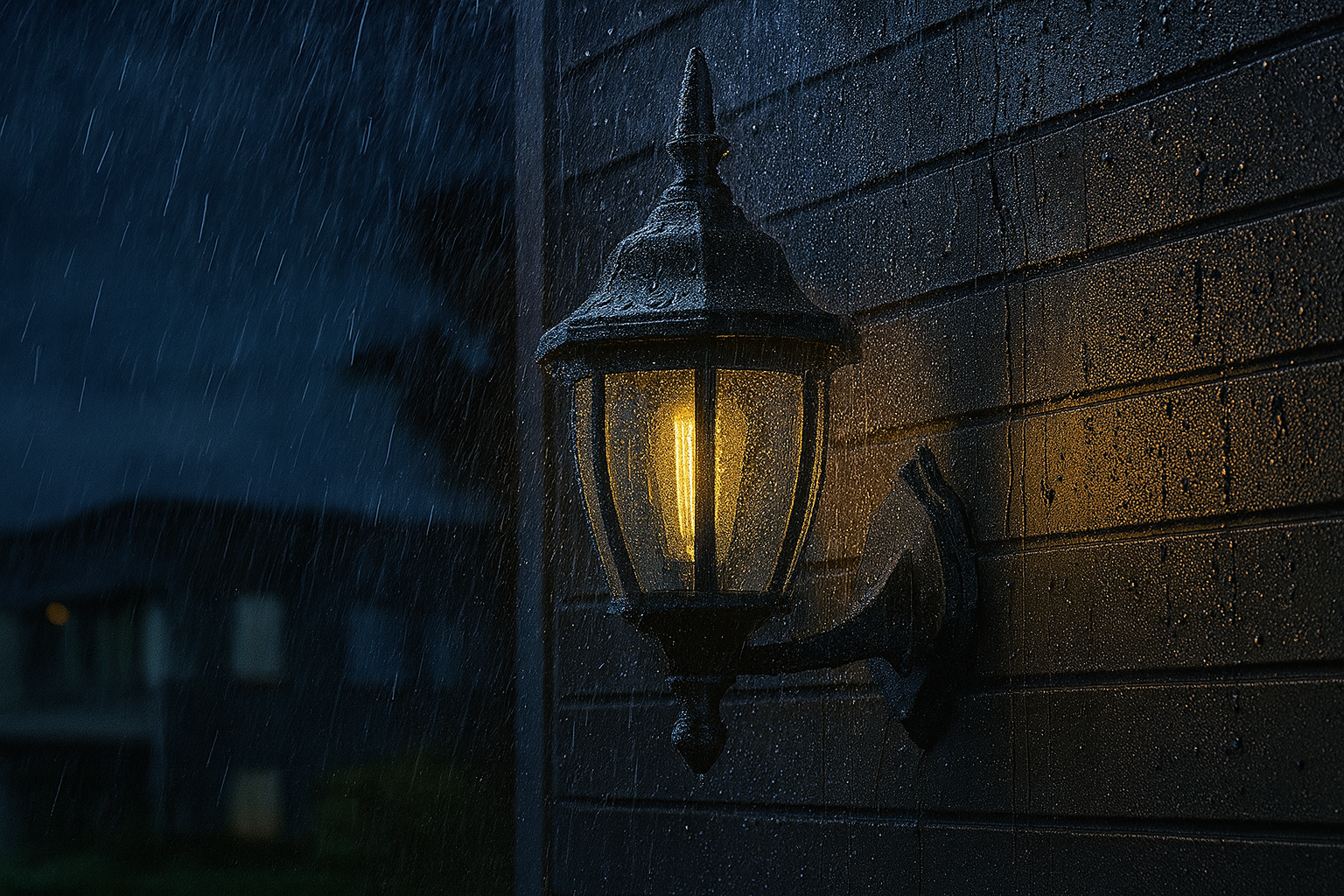 Wall-mounted outdoor light fixture on a dark wall with rain falling