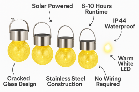 4 Pack Solar Hanging Garden Lanterns Outdoor - Warm White Crackled Glass Decorative Waterproof Lights for Yard, Fence, Tree, Patio, Holiday