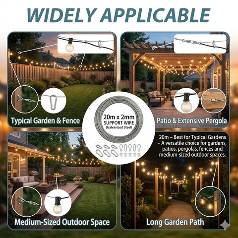 2mm Stainless Steel Catenary Support Wire for Festoon Lights – 10m, 20m & 30m PVC Coated Hanging Cable for Gardens, Patios & Pergolas