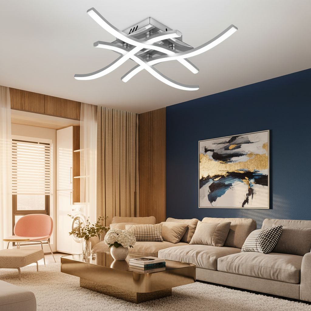 Modern living room with a ceiling light fixture, sofa, and abstract painting.