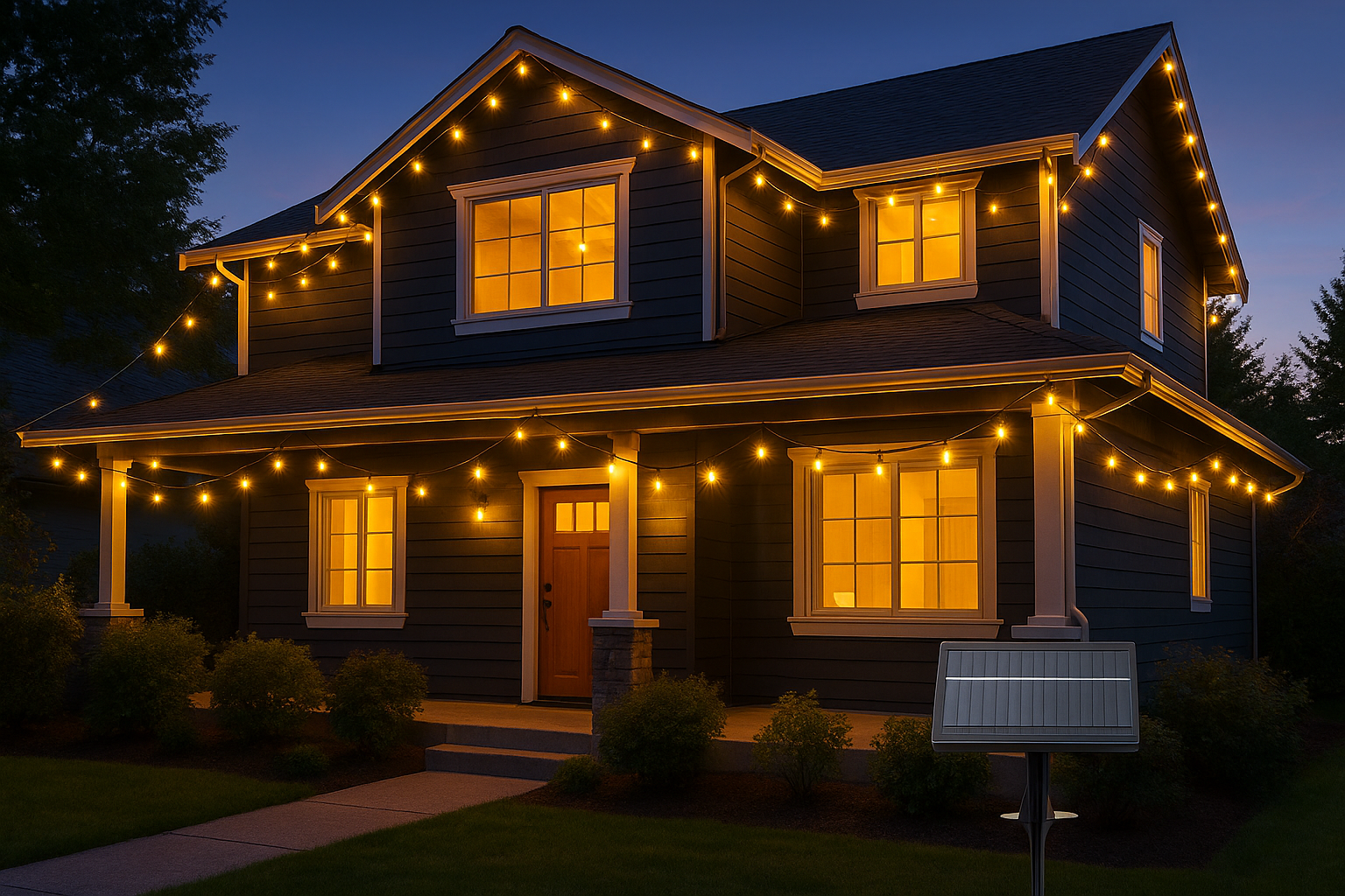 House with string lights and a solar panel at night